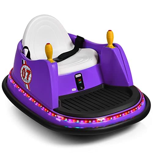 Image of COSTWAY Kids Bumper Car, 360-Degree Rotation Spin Children’s Waltzer Cars with Joystick, Remote Control, Colorful Flashing Lights and Music, Battery Powered Ride on Toy for Boys Girls (Purple)