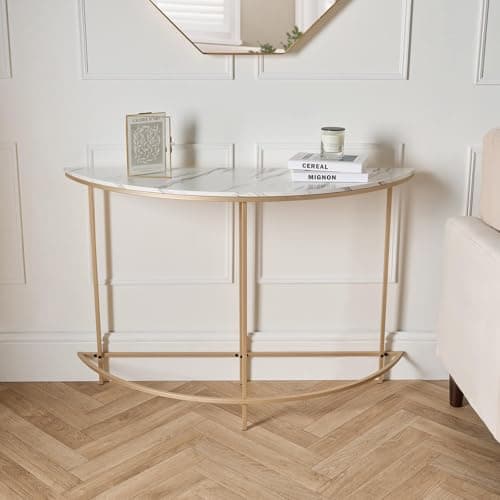 Image of OHS Console Table, Marble Effect Half Moon Console Table Sturdy Metal Framing Home Entry Hallway Table Decorative Modern Tabletop - White, 110 x 76 x 35cm