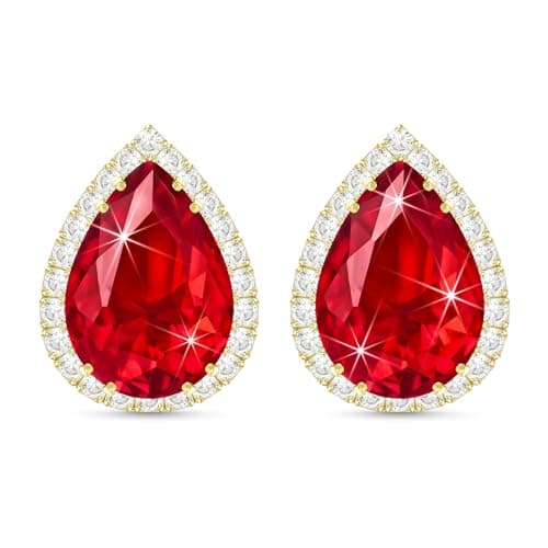 Image of Linawe Red Stud Earrings for Women, Gold Imitation Diamond Earrings Studs, Ruby Cubic Zirconia Teardrop Rhinestone Crystal Wedding Earrings for Bridal Bridesmaid, Ear Piercing Jewellery