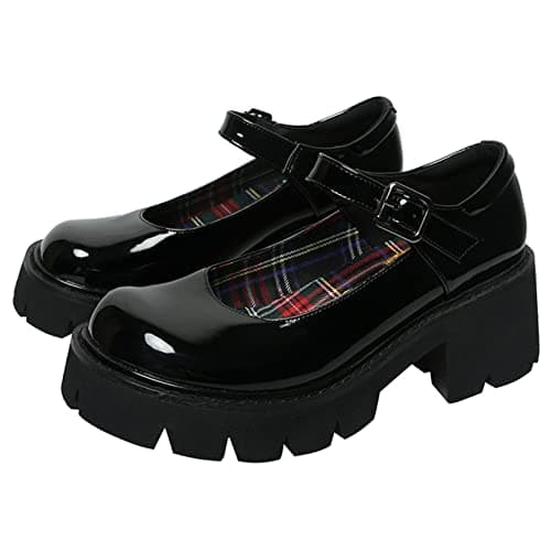 Image of Women Chunky Platform Mary Jane Shoes Retro Buckle Strap Round Toe Flats Shallow Mouth Japanese Sweet Lolita Princess Shoes Black