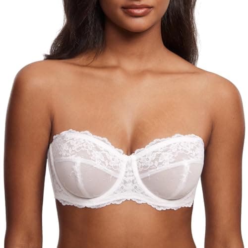 Image of DOBREVA Women's Lace Strapless Bra See Through Unlined Sheer Convertible Underwire Plus Size Bras White 36E