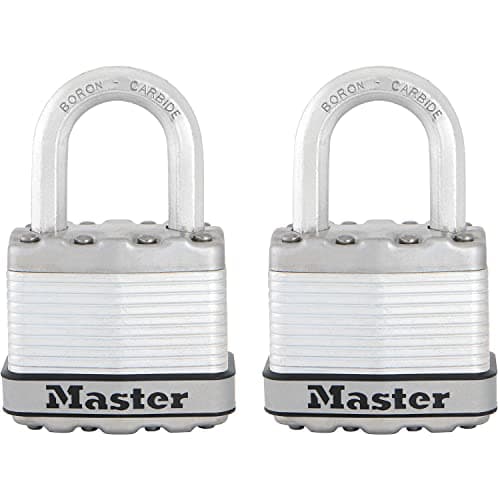 Image of MASTER LOCK Pack of 2 Heavy Duty Padlocks, Security Level 8/10, Outdoor, Keyed, Laminated Steel, Weatherproof, Standard Shackle