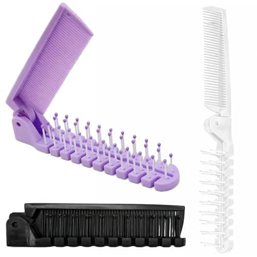 Image of 3 Pack Folding Hair Brush & Mini Comb – Compact Travel Hair Brush Set with Dual-Head Folding Design – Portable Pocket Comb for Men Women, Anti-Static Travel Hairbrush (Black, White & Purple)