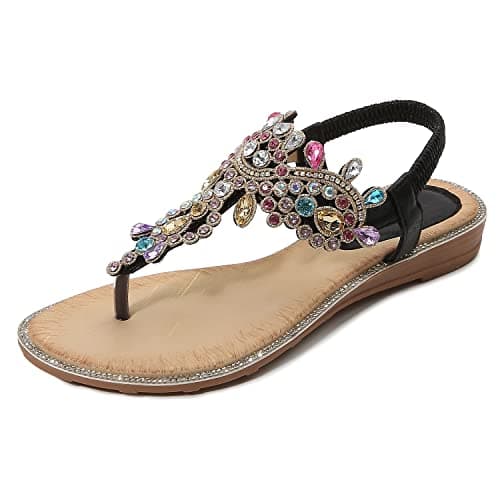 Image of iCKER Women's Flat Sandals Ladies Thong Flat Sandals Bohemian Beaded Strap Sandals Diamante Rhinestone Leather Sandals,(label size 40),6UK