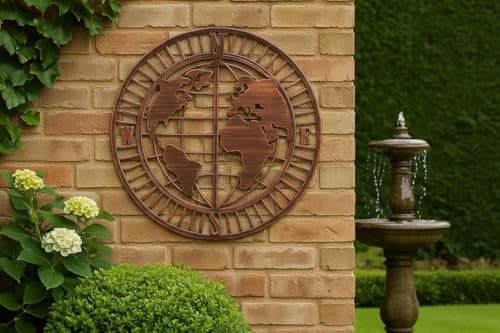 Image of Handmade Metal Wall Art, Bronze World Map Compass Design, 60cm Round Garden and Home Décor, Powder Coated Finish