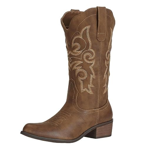 Image of J's.o.l.e Ladies Cowgirl Cowboy Boots for Women Leather Mid Wide Calf Country Riding Western Brown Wedding Shoes UK Size 4