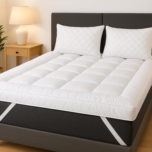 Image of linensland® Mattress Topper Double Bed 4 Inch Thick - Hypoallergenic Microfiber - Enhance Comfort, Improve Sleep Quality - Strong Corner Elastic Straps (137x190+40 cm)