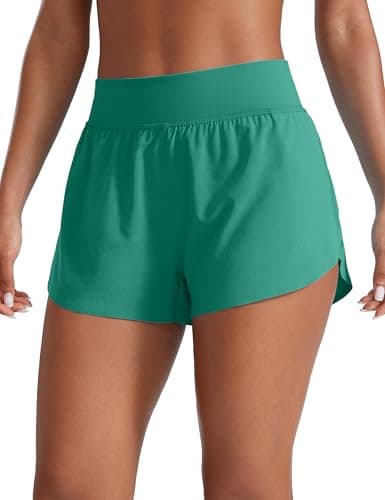 Image of CRZ YOGA Women's High Waist Running Shorts - 3'' Mesh Liner High Split Athletic Gym Sport Workout Sweat Shorts Cascadia Green 6