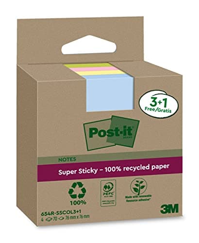 Image of Post-it Super Sticky 100% Recycled Notes, Pack of 3+1 Free Pads, 70 Sheets per Pad, 76 mm x 76 mm, Pink, Green, Yellow, Blue - Extra Sticky Notes Made from 100% Recycled Paper