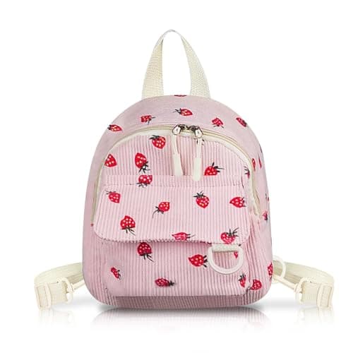 Image of WisePoint Womens Backpack, Corduroy Girls Backpack Small Backpacks for Women, Women's Fashion Backpacks Mini Backpack with Strawberry Pattern for Walking, Shopping, Traveling (pink)