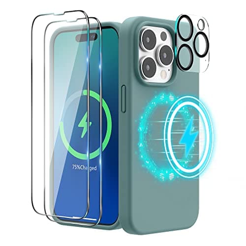 Image of SURPHY Magnetic Case Designed for iPhone 14 Pro Case, Liquid Silicone with 2 Pack Screen Protector + 1 Pack Camera Lens Protector, Compatible with MagSafe for iPhone 14 Pro 6.1 inch, Cactus Green