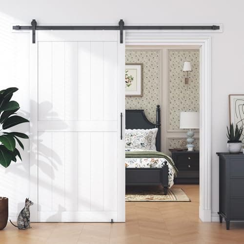 Image of OHTOMO 28 in x 84 in White Sliding Barn Door with 5FT Hardware Kit, Floor Guide and Handle Included, Waterproof PVC Surface, Pre-Drilled Holes Easy Assembly, H-Frame White