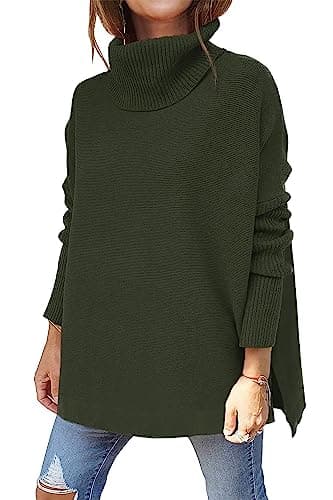 Image of Jhsnjnr Women's Turtle Neck Knit Tops Long Sleeve Batwing Jumpers Fashion Oversized Sweaters Army Green