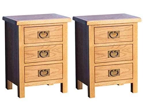 Image of Set of 2 Surrey Oak Bedside Tables Storage Cabinet Units | Pair of Roseland Furniture Rustic Traditional Solid Wood Waxed Side End Night Stands with 3 Drawers for Bedroom or Bathroom| Fully Assembled