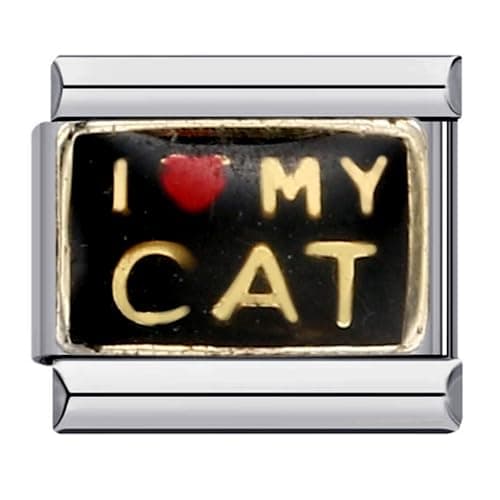 Image of Mon & Sons I Love My Cat Pet Love Heart Silver Italian 9mm Link Stainless Steel Bracelet Charm Compatible With 9mm Link