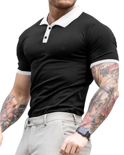 Image of Lehmanlin Men's Muscle Polo Shirts Short Sleeve Casual T- Shirts Slim Fit Stretch Ribbed Golf Tops(Black+White Collar - XL)
