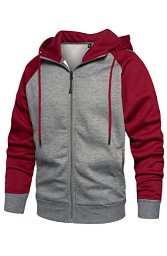 Image of Wirltte Mens Hoodies Zip Up Hoodie Patchwork Fleece Jacket Winter Warm Hooded Red XL