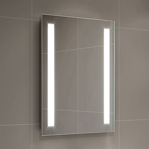 Image of iBathUK Eclipse LED Bathroom Mirror Battery Operated Rectangular Light Up Mirror with Bright Cool LED Illumination Modern Frameless Copper Free Silver Wall Mounted Design for Bathrooms IP44 500x700mm