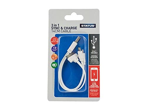 Image of Status USB A to 30-Pin, 8-Pin or USB Micro Charge Cable, Fast Charger, 14cm Durable, 5w Fast Charging Cable, High-Speed Data Sync, White, (Pack of 1), SMLCCW1PK6