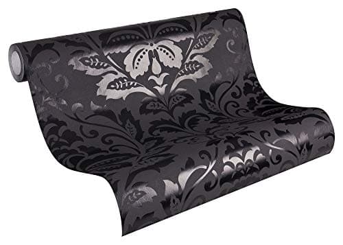 Image of A.S. Création Non-Woven Wallpaper Flock Wallpaper with Ornaments Baroque 10.05 m x 53 cm Black Made in Germany 255426 2554-26