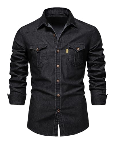 Image of Morbuy Denim Shirts for Men Regular Fit Long Sleeve Casual Mens Cotton Collared Button Down Black Denim Jacket Shirts Top Autumn Winter Coats with Pocket