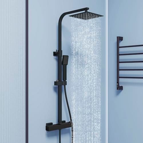 Image of Biubiubath Thermostatic Shower Mixer Set | Dual Rainfall Shower Heads & Hose | Wall Mounted Bar Mixer Shower Chrome Finish | Adjustable Shower Riser Rail Kit (Matte Black)