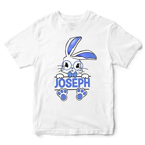 Image of Personalised Boys Easter Bunny T Shirt Kids Blue Easter Sunday Spring Rabbit Tee Top, 5-6 Years, White