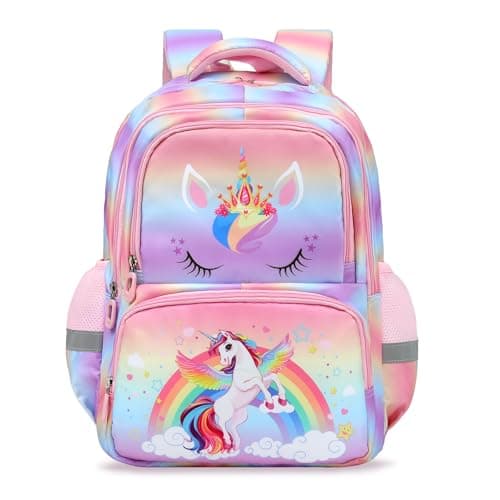 Image of Decalsweet School Bags for Girls with Reflective Strip,Large Girls Backpack for Primary School Elementary School,Lightweight Book Bag for Sports and Travel,Rainbow Unicorn