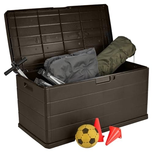 Image of URBN GARDEN 350L Heavy Duty Plastic Garden Storage Box, Huge Capacity Patio Deck Outdoor Container with Lockable Lid, Handles & Wheels, Weather Resistant Shed for Tools, Cushions, Accessories, Brown