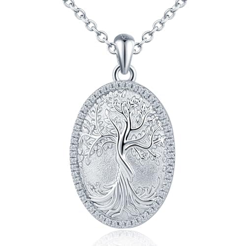 Image of MICSAVI Oval Locket Tree of Life Necklace 925 Sterling Silver Pendant Textured with Cubic Zirconia, Personalised Photo Locket Necklace Open for Picture Jewellery for Women Girls