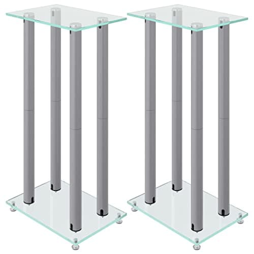 Image of vidaXL Speaker Stands 2pcs, Speaker Floor Stand for Home, Bookshelf Speaker for Studio Monitor, Modern Style, Silver Tempered Glass 4 Pillars Design