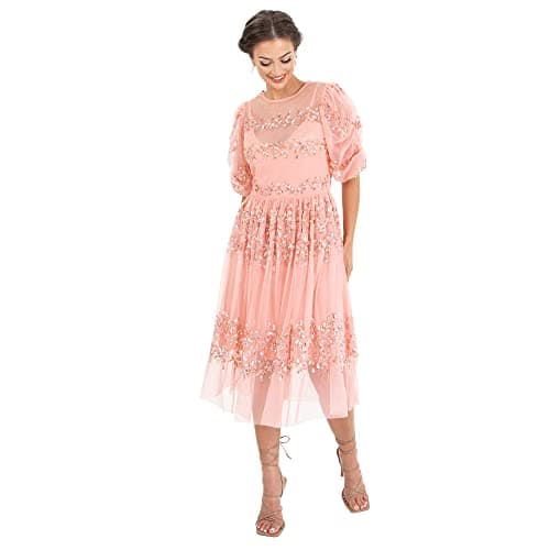 Image of Maya Deluxe Womens Midi Ladies Sequin Embellished Short Sleeve Dress for Wedding Guest Bridesmaid Prom Ball Evening Occasion Dress Women, Apricot Blush, 12