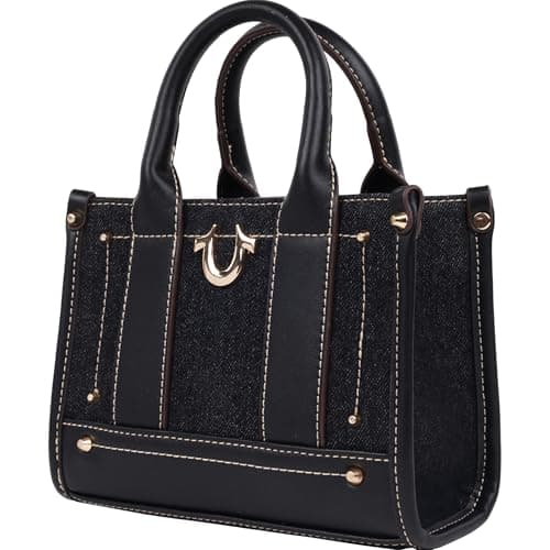 Image of True Religion Unisex's Mini Tote Bag with Logo Strap, Structured Casual Purse with Top Handles and Crossbody, Black