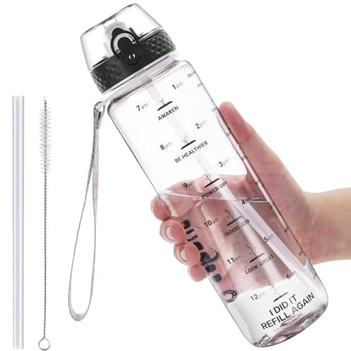 Image of GOPPUS 1L/32oz Tritan Clear Water Bottle with Straw Leakproof Drink Bottle with Measurements Bottles with Flip Top Motivational Bottles with Time Marks for Adults BPA Free (Transparent)