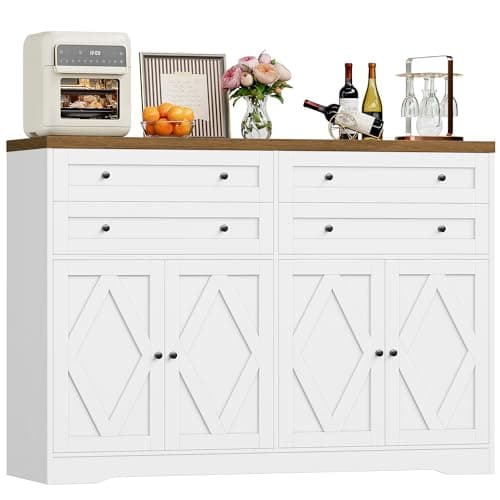 Image of HOCSOK Sideboard, Kitchen Cabinet with 4 Drawers and 4 Doors, Kitchen Cupboard with Adjustable Shelves, Large Sideboard for Living Room, Dining Room, White, 132.7x100x39.4 cm