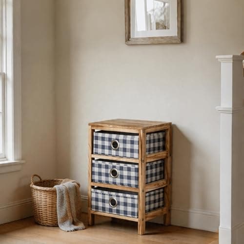 Image of Home Source Storage Chest, Solid Wood Frame, Blue Plaid Fabric Pull-Out Drawers, Coastal Style Bedroom Organiser, 3 Drawer