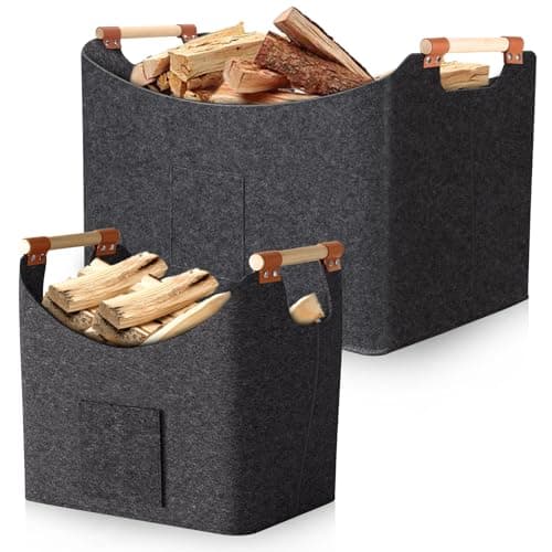 Image of Set of 2 Felt Log Baskets, 67L & 96L Firewood Storage Baskets with Wooden Handles, 5mm Thick Foldable Log Carriers for Logs, Blankets, Toys and Laundry, Dark Grey
