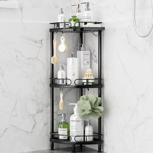 Image of SWTYMIKI Corner Shower Caddy Standing - 3 Tier Stainless Steel Shower Organizer Stand with 4 Hooks & Soap Holder, Rustproof Metal Standing Tall Floor Bathroom Shelf and Bathroom Organiser, Black
