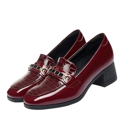 Image of Women's Loafers Vintage Patent Leather Shoes Women Pumps Spring Block High Heels Loafers Office Model(Red,40)