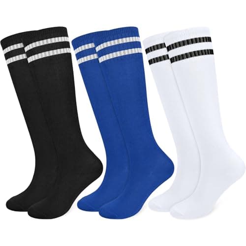 Image of srclo 3 Pairs Kids Breathable Soccer Football Socks,Long Football Sports Socks for Boys Girls Youth Junior Running,Training,Rugby,(Aged 5-12) (UK, Age, 5 Years, 8 Years, Regular, Black White Blue)