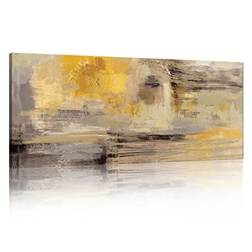 Image of FajerminArt Wooden Frame Large Canvas Wall Art Canvas Prints Mustard Yellow Grey Abstract Painting Pictures for Living Room Bedroom Wall Decor Ready To Hang 20" x 48"/ 120cm x 50cm