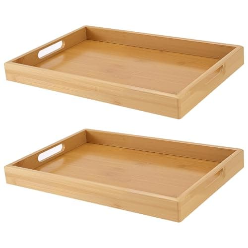 Image of PINGEUI 2 Pack Bamboo Serving Tray, Wooden Tea Trays with Handles, Rectangle Bamboo Food Platters for Food Serving, Tea, Coffee, Snack, 38x25cm