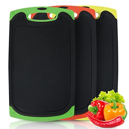 Image of Chopping Board Set, 3 Pcs BPA Free Plastic Cutting Boards for Kitchens Black with Non Slip Feet & Juice Groove & Hanging Hole Storage, Large Thick Chopping Boards for Cutting Meet/Vegetables/Bread