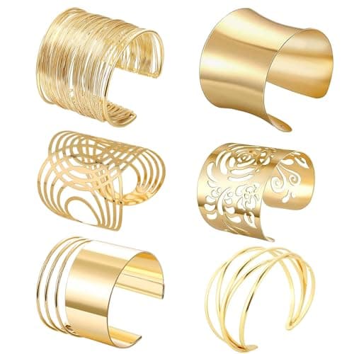 Image of Hiuyavy Gold Bangle Wide, 6PCS Open Metal Wire Bracelet, Bangle Cuff Bracelets for Women, Gold Arm Cuff Bangle Bracelet Set for Women Girls