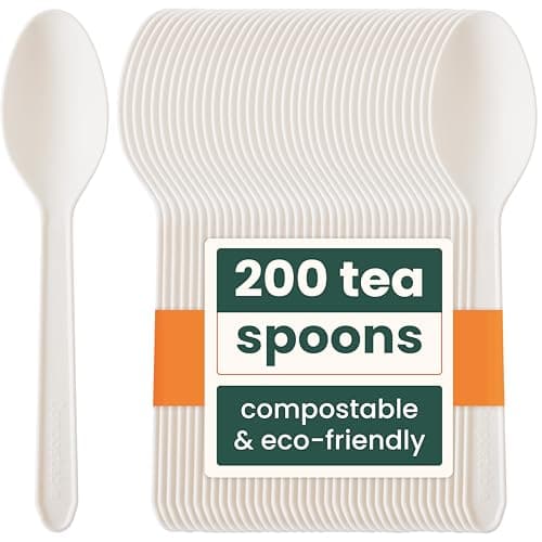 Image of HAAGO 200-Piece Small Teaspoon Set, White (13 cm) - Eco-Friendly, Biodegradable & Compostable - Reusable, Heavy-Duty, 100% Natural Mini Spoons for Dessert, Ice Cream, Coffee - Plant-Based & BPA-Free