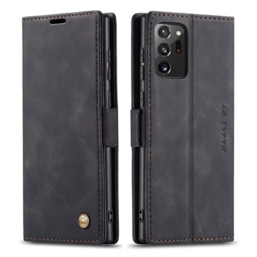 Image of QLTYPRI Case for Samsung Galaxy Note 20 Ultra, Vintage PU Leather Wallet Case Card Slot Kickstand Magnetic Closure Shockproof Flip Folio Case Cover Compatible with Samsung Galaxy Note 20 Ultra - Black