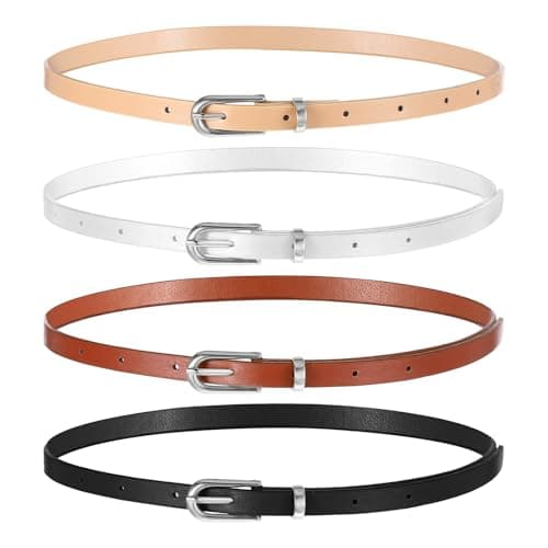 Image of Wanmu 4 Pack Women Skinny Leather Belt for Dresses, 41 Inches Vintage Thin Waist Belt with Silver Metal Buckle for Ladies, Dresses, Pants (White, Black, Cream Color, Coffee)