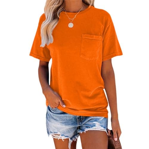 Image of T Shirts for Women Short Sleeve Crew Neck Basic Summer Tee Tops with Pocket Casual Loose Fitting Blouse Orange