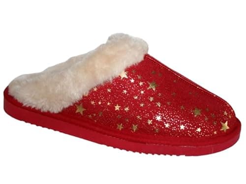 Image of Ladies Jo & Joe Tartan Faux Fur Trim Fleecy Lined Slip On Comfort Fashion Mule Slippers Shoes Sizes 3-8 (Tiggi Red, UK Footwear Size System, Adult, Women, Numeric, Medium, 5)