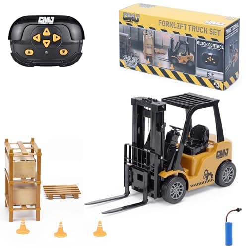 Image of CMJ RC Cars Remote Control Forklift Truck – FLT 2.4 GHz Realistic Construction Vehicle with High Shelf, Pallets, Boxes & Pylons – Rechargeable Warehouse Toy for Kids & Model Enthusiasts 1:16